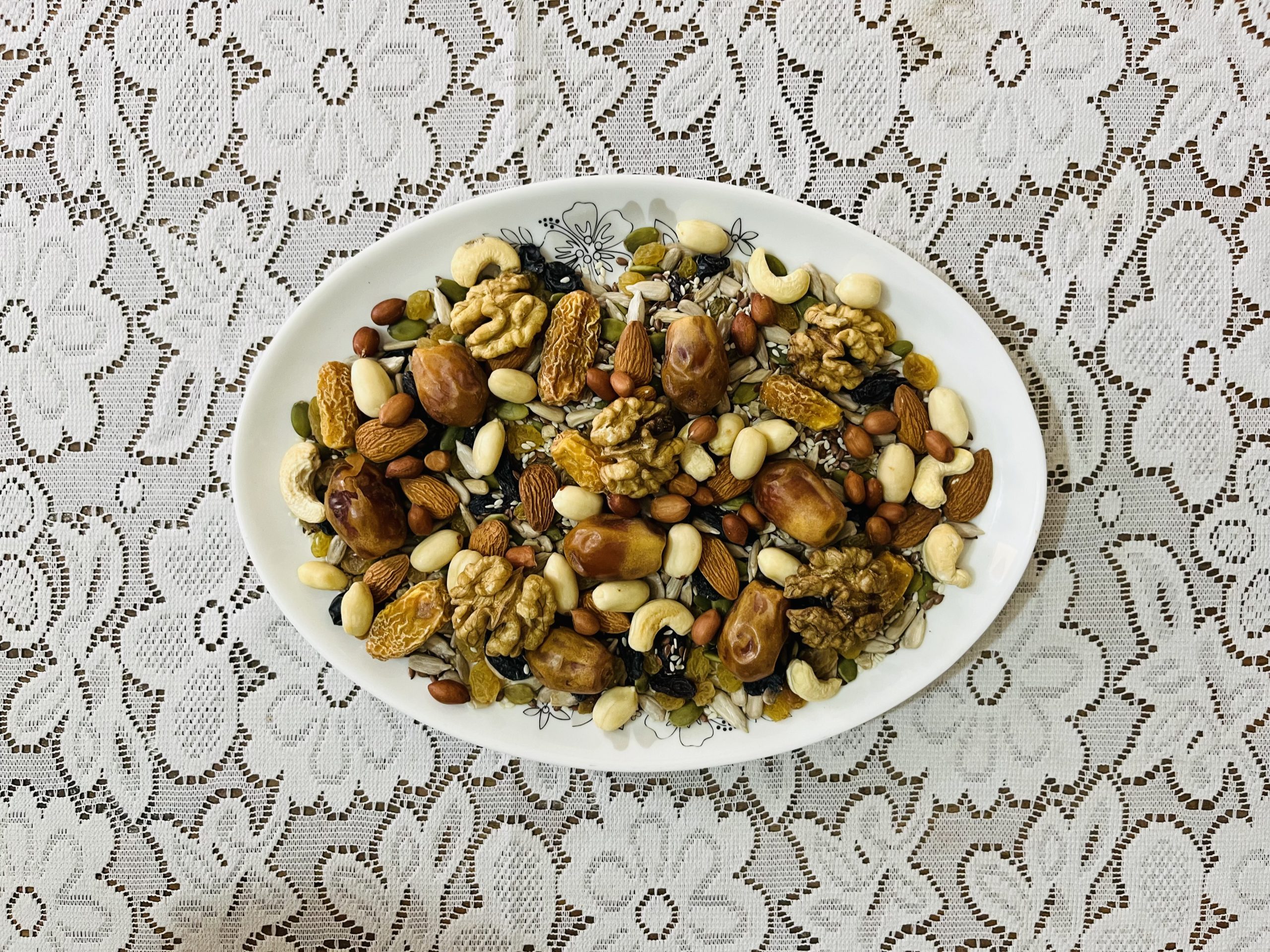 IMG_5861 500gm - Healthy Mixed Dry Fruits, Seeds & Nuts With 14 Items - Zahidi Dates, Dry Dates, Cashew ,Almonds , Walnut , Black & Seedless Raisins, Dry Alubukhara, Thai Peanut, China Badam, Pumpkin Seeds, Tisi, Sesame Seeds & Sunflower Seeds - Image 1